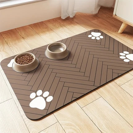 1pc Quick-Dry Diatom Mud Pet Feeding Mat - Splash-Proof, Absorbent, Easy to Clean, Suitable for Dogs and Cats, Herringbone Pattern with Paw Print Design, Washable Pet Feeding Mat