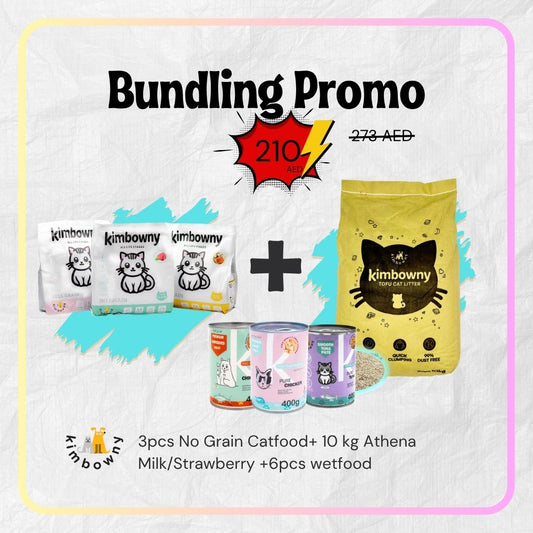 3 packs of Kimbowny No Grain Cat Food+ 10kg Athena Milk or Strawberry Tofu Cat Litter + 6pcs assorted wet food