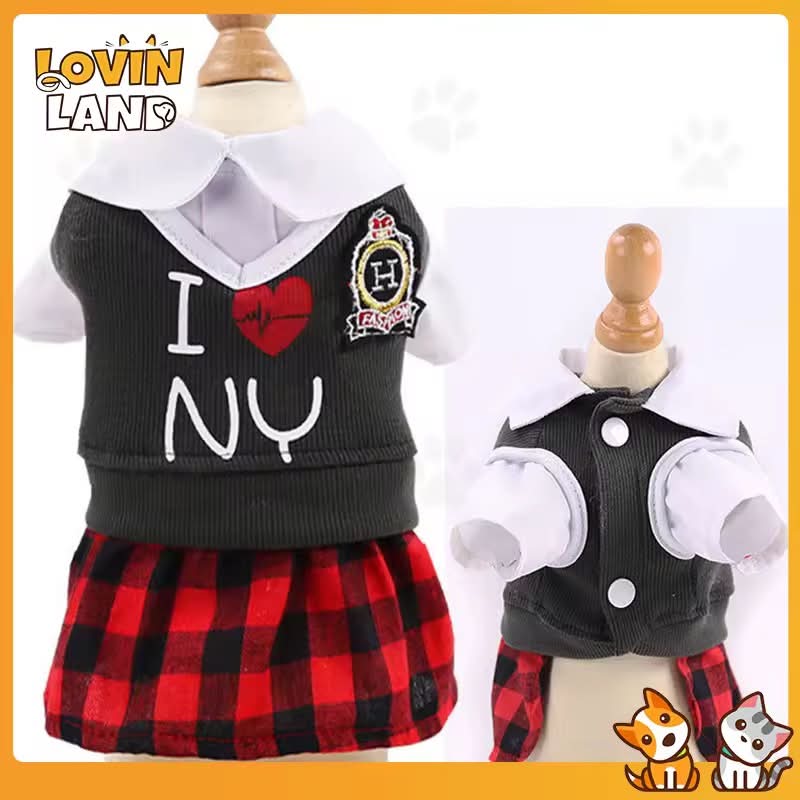Cartoon Dog Navy Style College Wind Spring Summer Autumn New Size Dog Clothes Pet Clothes Cat Clothes Pet Supplies(Red Plaid Skirt)SIZE MEDIUM