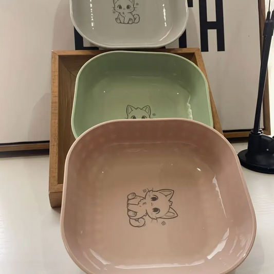 3pcs Leak-Proof Cat Bowls - Anti-Fatigue Health, Shallow Wide Kitten Dishes, Suitable for Indoor Cats, Pet Food Safety | Engraved Kitten Design | Durable