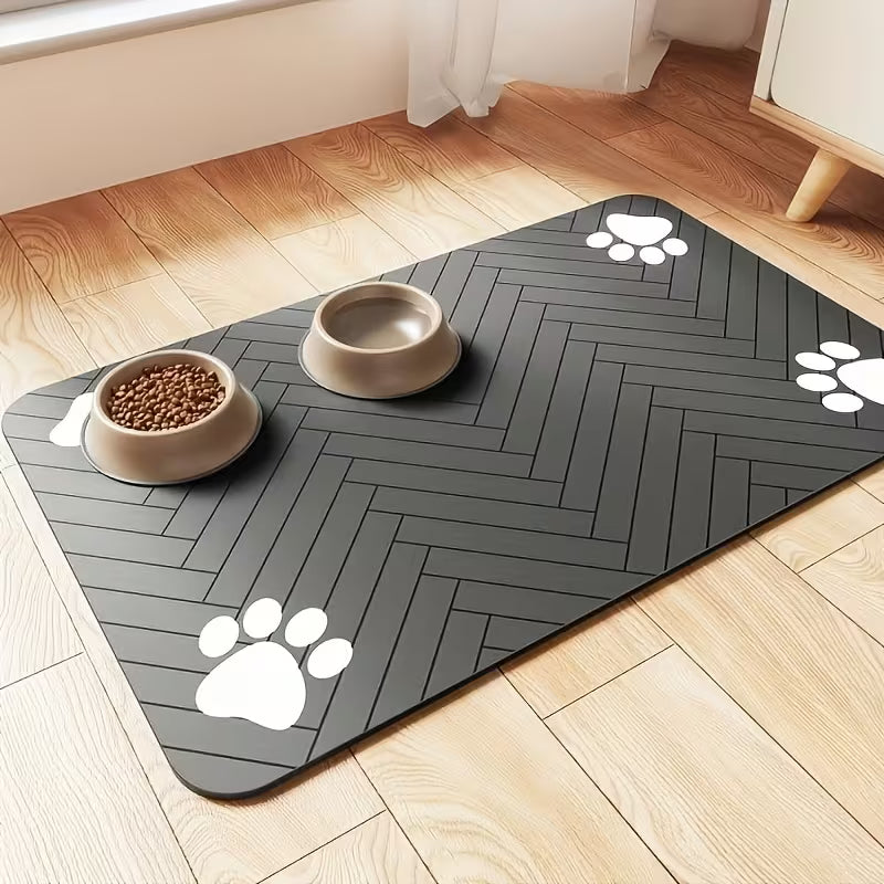 1pc Quick-Dry Diatom Mud Pet Feeding Mat - Splash-Proof, Absorbent, Easy to Clean, Suitable for Dogs and Cats, Herringbone Pattern with Paw Print Design, Washable Pet Feeding Mat - Kimbowny Petstore