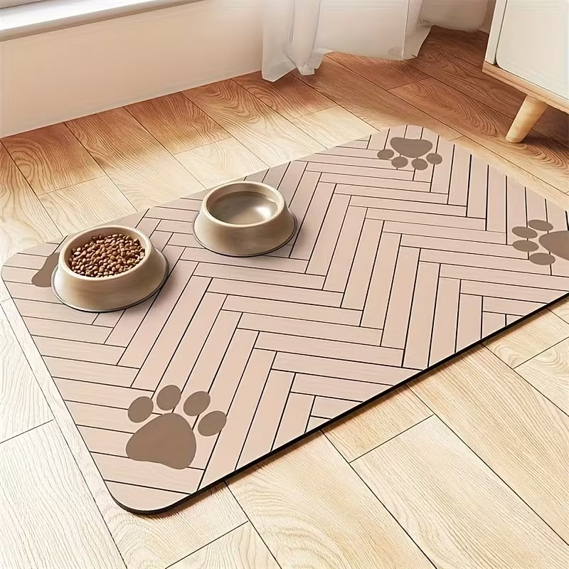 1pc Quick-Dry Diatom Mud Pet Feeding Mat - Splash-Proof, Absorbent, Easy to Clean, Suitable for Dogs and Cats, Herringbone Pattern with Paw Print Design, Washable Pet Feeding Mat - Kimbowny Petstore