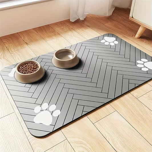 1pc Quick-Dry Diatom Mud Pet Feeding Mat - Splash-Proof, Absorbent, Easy to Clean, Suitable for Dogs and Cats, Herringbone Pattern with Paw Print Design, Washable Pet Feeding Mat - Kimbowny Petstore