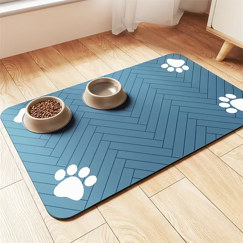 1pc Quick-Dry Diatom Mud Pet Feeding Mat - Splash-Proof, Absorbent, Easy to Clean, Suitable for Dogs and Cats, Herringbone Pattern with Paw Print Design, Washable Pet Feeding Mat - Kimbowny Petstore
