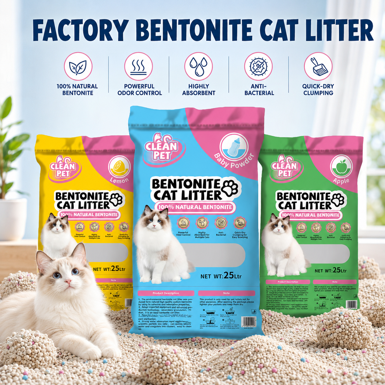 Clean Pet Bentonite Cat Litter 25L / 20kg – Strong Clumping & Odor Control | Pre-Order